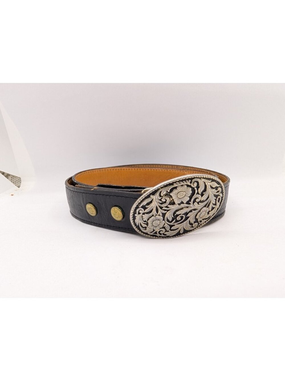 Vtg Celebration Texas Belt Child size 29" Black leather with floral buckle 46005